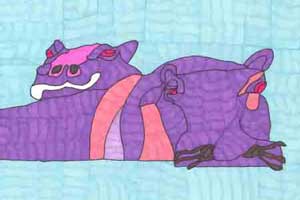 Artwork by Erik David Behnke of two purple hippopotamuses